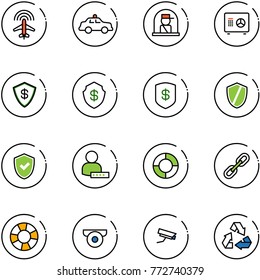 line vector icon set - plane radar vector, safety car, officer window, safe, shield, check, user password, lifebuoy, link, surveillance camera, recycling
