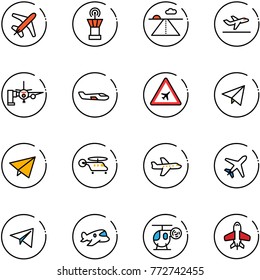 line vector icon set - plane vector, airport tower, runway, departure, boarding passengers, small, road sign, paper fly, helicopter, toy