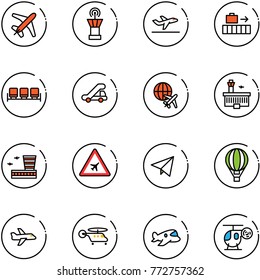 line vector icon set - plane vector, airport tower, departure, baggage, waiting area, trap truck, globe, building, road sign, paper fly, air balloon, helicopter, toy