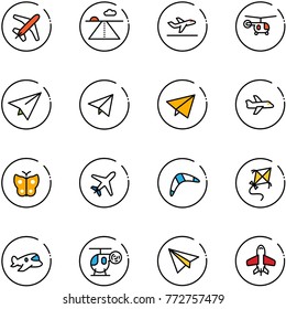 line vector icon set - plane vector, runway, departure, helicopter, paper, fly, butterfly, boomerang, kite, toy
