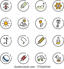 line vector icon set - plane radar vector, highlight marker, growth, money managemet, sun, pyramid, tulip, piston, bezier, fretsaw, pencil, brush, ball, elephant wheel, toy duck