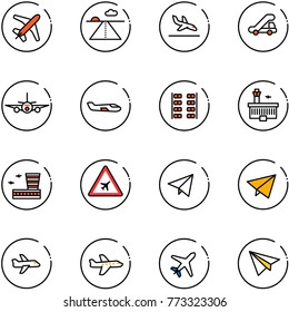 line vector icon set - plane vector, runway, arrival, trap truck, small, seats, airport building, road sign, paper fly