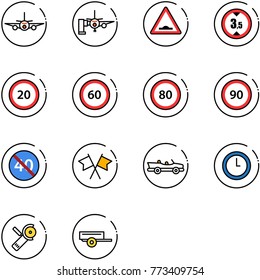 line vector icon set - plane vector, boarding passengers, artificial unevenness road sign, limited height, speed limit 20, 60, 80, 90, end minimal, flags cross, cabrio, clock, Angular grinder