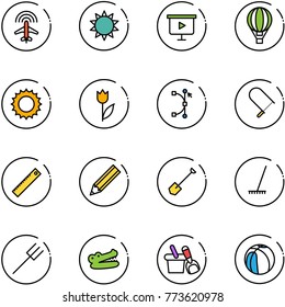 line vector icon set - plane radar vector, sun, presentation board, air balloon, tulip, bezier, fretsaw, ruler, pencil, shovel, rake, farm fork, crocodile, bucket, basketball