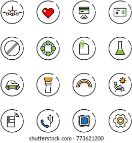 line vector icon set - plane vector, heart, tap pay, no limit road sign, friends, attachment, flask, car, award, rainbow, beach, server wireless, phone, cpu, gear