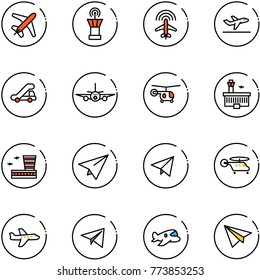 line vector icon set - plane vector, airport tower, radar, departure, trap truck, helicopter, building, paper, fly, toy