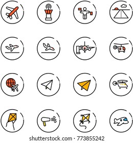 line vector icon set - plane vector, airport tower, traffic controller, runway, departure, arrival, boarding passengers, helicopter, globe, paper fly, kite, dryer, toy