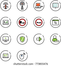 line vector icon set - plane radar vector, antenna, netabook connect, diagnostic monitor, account statistics, no trailer road sign, cart horse, cursor browser, shield, right arrow, user password
