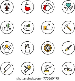 line vector icon set - plane radar vector, christmas glove, gloves, heart care, investment, growth, finger up, rock axe, success, victory, hand wheel, clinch, metal hacksaw, Angular grinder, drill