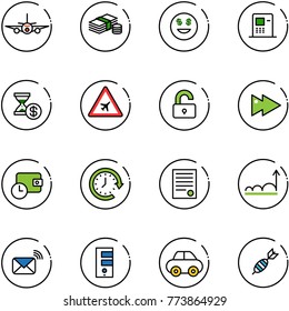 line vector icon set - plane vector, cash, dollar smile, atm, account history, airport road sign, unlocked, fast forward, wallet time, clock around, agreement, growth, wireless mail, server, car
