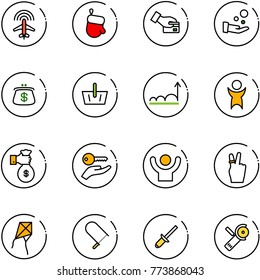 line vector icon set - plane radar vector, christmas glove, card pay, cash, purse, basket, growth, success, rich, key hand, victory, kite, fretsaw, clinch, Angular grinder