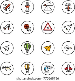 line vector icon set - plane vector, airport tower, runway, radar, trap truck, globe, road sign, paper, fly, air balloon, helicopter, toy