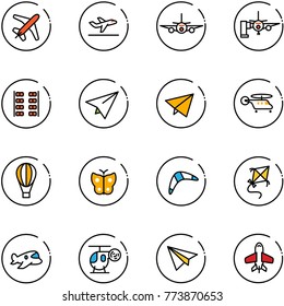 line vector icon set - plane vector, departure, boarding passengers, seats, paper, fly, helicopter, air balloon, butterfly, boomerang, kite, toy