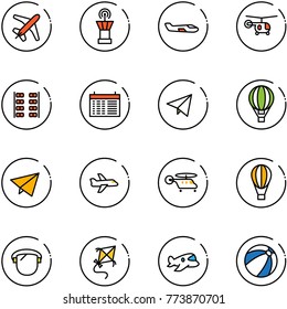 line vector icon set - plane vector, airport tower, small, helicopter, seats, schedule, paper fly, air balloon, protect glass, kite, toy, beach ball