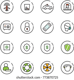 line vector icon set - plane radar vector, trash, safety car, officer window, safe, lock, medical patch, mask, shield, user password, lifebuoy, parasol, protect glass