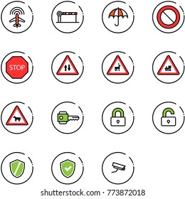 line vector icon set - plane radar vector, barrier, insurance, prohibition road sign, stop, oncoming traffic, wild animals, railway intersection, cow, key, locked, unlocked, shield, check