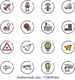 line vector icon set - plane vector, airport tower, radar, trap truck, baggage scales, globe, building, road sign, paper, air balloon, fly, helicopter, toy