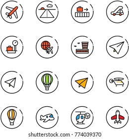line vector icon set - plane vector, runway, baggage, trap truck, scales, globe, airport building, paper, fly, air balloon, helicopter, toy
