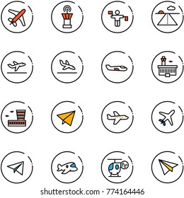 line vector icon set - plane vector, airport tower, traffic controller, runway, departure, arrival, small, building, paper fly, toy, helicopter