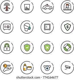 line vector icon set - plane radar vector, trash, safety car, officer window, safe, medical mask, locked, shield check, cross, lifebuoy, key hand, uv cream, surveillance camera