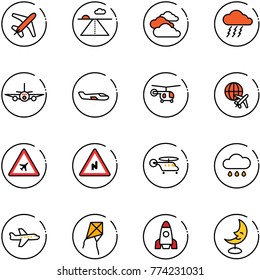 line vector icon set - plane vector, runway, clouds, storm, small, helicopter, globe, airport road sign, abrupt turn right, rain cloud, kite, rocket, moon lamp