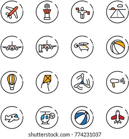 line vector icon set - plane vector, airport tower, traffic controller, runway, boarding passengers, helicopter, ball, air balloon, kite, wind mill, dryer, toy, beach