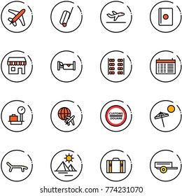 line vector icon set - plane vector, suitcase, departure, passport, duty free, hotel, seats, schedule, baggage scales, globe, customs road sign, beach, lounger, pyramid, trailer