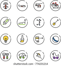line vector icon set - plane radar vector, small, helicopter, santa sleigh, highlight marker, growth, bezier, shovel, bulb, brush, laser lever, ball, fork toy, elephant wheel, unicorn stick, duck