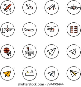 line vector icon set - plane vector, arrival, trap truck, boarding passengers, small, helicopter, seats, globe, airport building, paper, fly, jointer