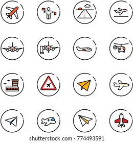 line vector icon set - plane vector, traffic controller, runway, departure, boarding passengers, small, helicopter, airport building, road sign, paper fly, toy