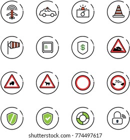 line vector icon set - plane radar vector, safety car, terrorism, road cone, side wind, safe, steep descent sign, tractor way, cow, prohibition, limited distance, shield, check, lifebuoy