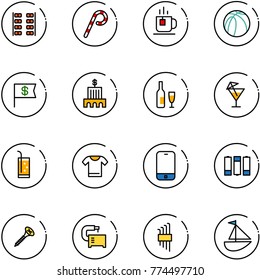 line vector icon set - plane seats vector, lollipop, tea, basketball ball, dollar flag, bank building, wine, drink, t shirt, mobile phone, battery, screw, machine tool, allen key set, sailboat toy