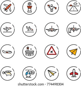 line vector icon set - plane vector, airport tower, traffic controller, runway, departure, arrival, boarding passengers, small, building, road sign, paper fly, helicopter, toy