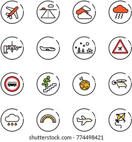 line vector icon set - plane vector, runway, clouds, storm, boarding passengers, small, christmas landscape, airport road sign, no bus, career, moon flag, helicopter, rain cloud, rainbow, kite