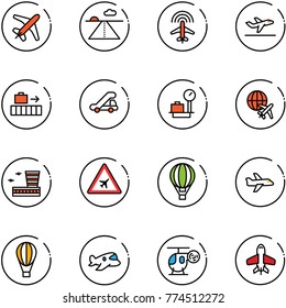 line vector icon set - plane vector, runway, radar, departure, baggage, trap truck, scales, globe, airport building, road sign, air balloon, toy, helicopter