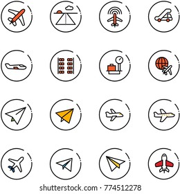 line vector icon set - plane vector, runway, radar, trap truck, small, seats, baggage scales, globe, paper, fly, toy