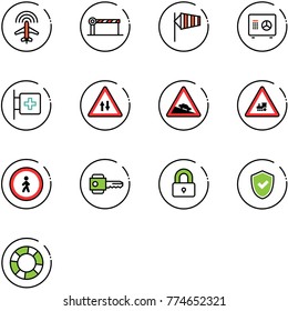 line vector icon set - plane radar vector, barrier, side wind, safe, first aid room, oncoming traffic road sign, steep descent, railway intersection, no pedestrian, key, locked, shield check