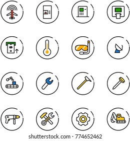line vector icon set - plane radar vector, coffee machine, atm, thermometer, diving, satellite antenna, conveyor, wrench, mason hammer, nail, drill, gear, excavator toy