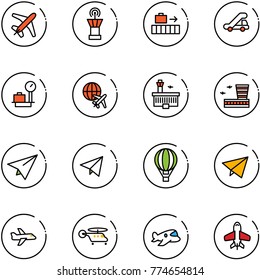line vector icon set - plane vector, airport tower, baggage, trap truck, scales, globe, building, paper, fly, air balloon, helicopter, toy