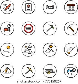 line vector icon set - plane vector, passport, hotel, schedule, baggage scales, customs road sign, job, rock axe, lounger, mountains, pyramid, suitcase, tent, trailer, helicopter toy