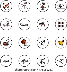 line vector icon set - plane vector, runway, radar, departure, trap truck, small, helicopter, seats, baggage scales, globe, paper fly