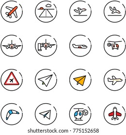 line vector icon set - plane vector, runway, departure, arrival, boarding passengers, small, helicopter, airport road sign, paper, fly, boomerang, toy