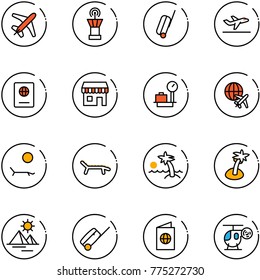 line vector icon set - plane vector, airport tower, suitcase, departure, passport, duty free, baggage scales, globe, lounger, palm, pyramid, helicopter toy