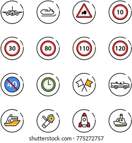 line vector icon set - plane vector, snowmobile, tractor way road sign, speed limit 10, 30, 80, 110, 120, end minimal, time, flags cross, cabrio, cruiser, Angular grinder, rocket, toy boat