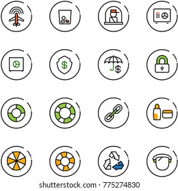 line vector icon set - plane radar vector, trash, officer window, safe, insurance, locked, lifebuoy, link, uv cream, parasol, recycling, protect glass