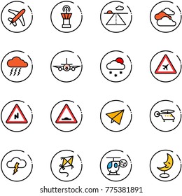 line vector icon set - plane vector, airport tower, runway, clouds, storm, snowfall, road sign, abrupt turn right, artificial unevenness, paper fly, helicopter, kite, toy, moon lamp