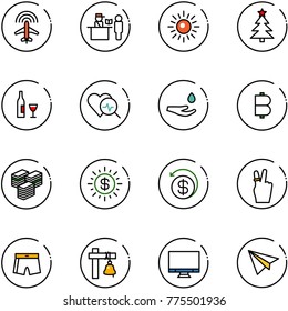 line vector icon set - plane radar vector, passport control, sun, christmas tree, wine, heart diagnosis, drop hand, bitcoin, big cash, dollar, money back, victory, swimsuit, ship bell, monitor