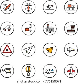 line vector icon set - plane vector, radar, departure, baggage, trap truck, scales, airport building, road sign, paper, fly, helicopter, air balloon, toy