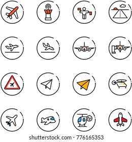 line vector icon set - plane vector, airport tower, traffic controller, runway, departure, arrival, boarding passengers, road sign, paper fly, helicopter, toy