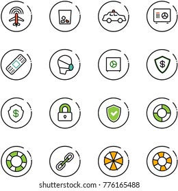 line vector icon set - plane radar vector, trash, safety car, safe, medical patch, mask, locked, shield check, lifebuoy, link, parasol